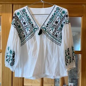 Women’s Embroidered Ditsy Floral Geo Tassel Chest V-neck Balloon Sleeve Blouse M